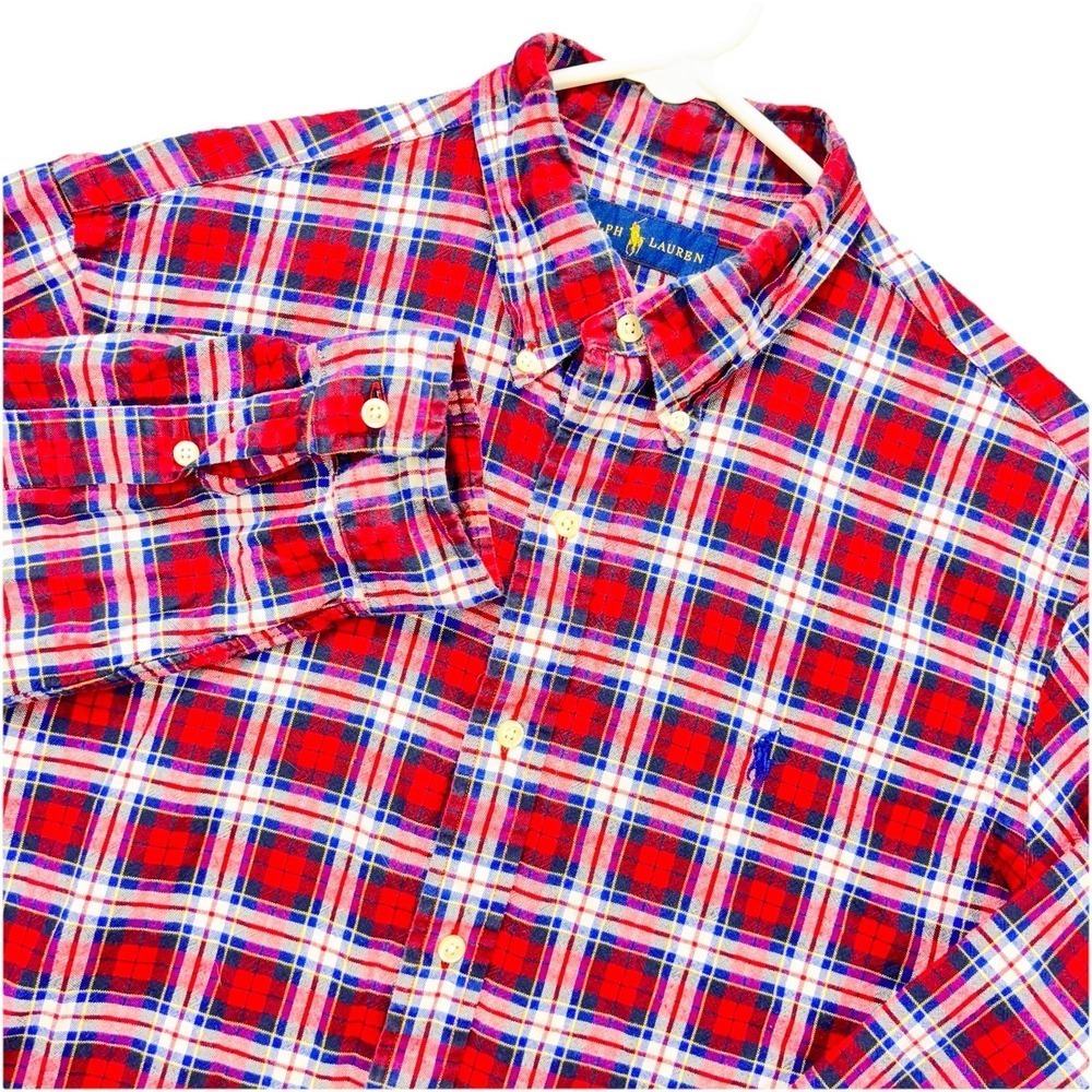Ralph Lauren Flannel Shirt Mens L Red Tartan Plaid Button Down Oxford Cotton